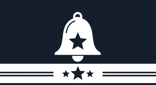 Notification bell icon in white with a star detail on a dark blue background featuring stripes and additional stars for alert concepts.
