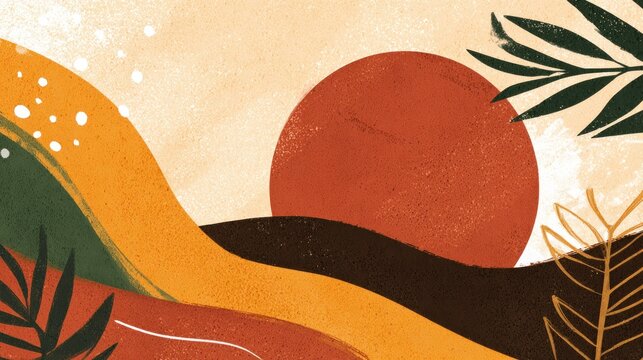 Abstract landscape composition features a large descending orb over layered earth tones and foliage elements