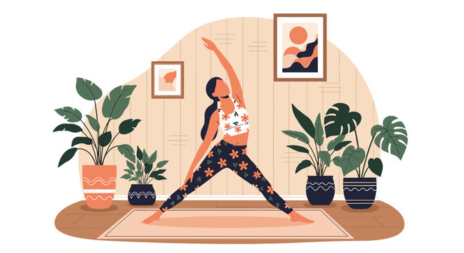 Illustration of a woman practicing yoga in a triangle pose in a cozy home environment filled with potted houseplants and artwork.