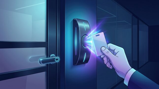 A security guard uses an access control reader to gain entry into a secure area of a modern office building during evening hours.