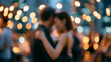 Defocused faceless couple slow dancing at rooftop party with city lights around, soft focus romantic moment, dancing activity, urban ambiance, blurred background, with copy space