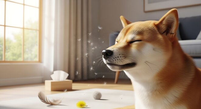 Calm Shiba Inu Dog Resting with Eyes Closed in Sunlit Living Room