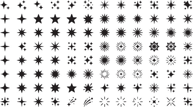 Large set of various star bursts and decorative sparkle symbols with sparkles starbursts elements collection minimalist decorative celestial astronomy illustration ornament