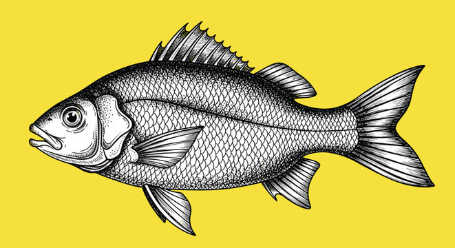 Detailed stipple art illustration of a fish showing intricate scale patterns on a bright yellow background for aquatic designs.