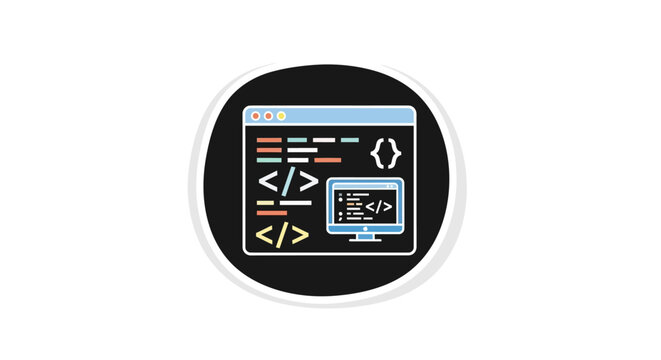 Coding Interface Icon: Computer Screen with Code Snippets and Brackets