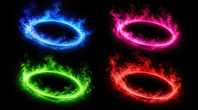 Set of four colorful glowing fire rings on black background.