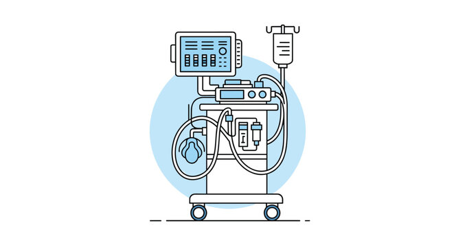 Detailed medical illustration shows an anesthesia machine equipped with monitors, tubes, and a mask for patient care in a hospital setting.