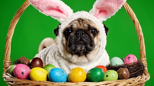 Adorable Pug Dog Dressed as Easter Bunny in Basket with Eggs.