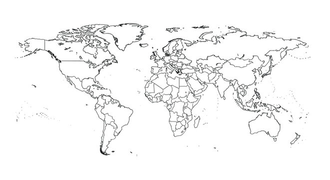 Simple world map outline shows the major continents and countries across the globe in a clean, minimalist black and white style.