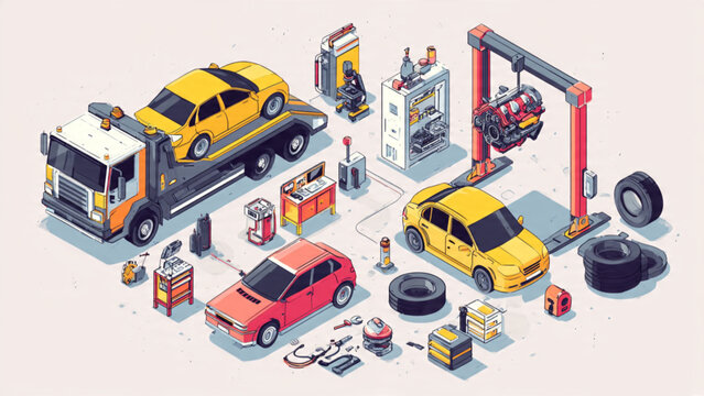 Isometric Car Service Station with Vehicles and Equipment.