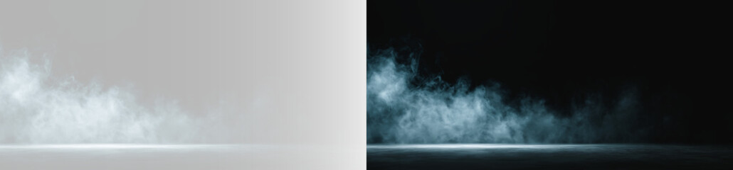 Fototapeta premium Realistic low fog or smoke blowing on the ground isolated on grey and black backgrounds set