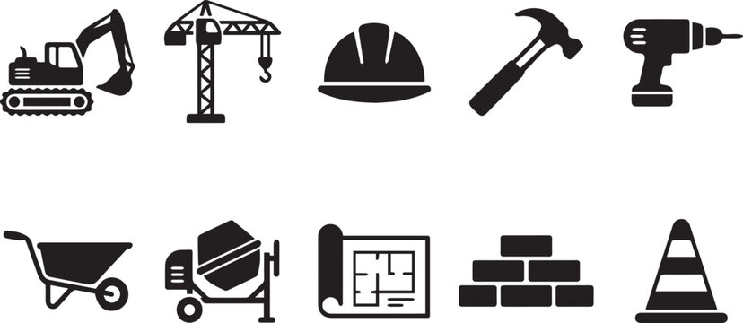 Construction equipment and tools silhouette graphic icons with construction machinery building industry equipment excavator wheelbarrow blueprint industrial engineering
