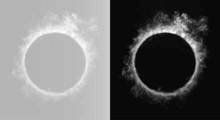 Fototapeta premium White smoke ring circle frame isolated on grey and black backgrounds set