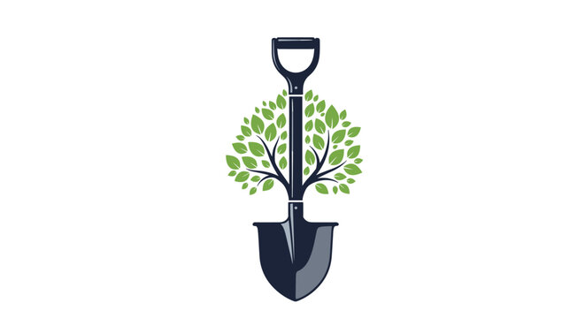 Creative graphic design combines the silhouette of a shovel with a lush, leafy green tree to represent planting and environmental care.