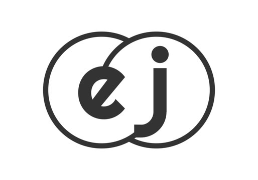 EJ business company emblem with outline rounds and letters e j. Logo template of two merged circles for brand identity, logotype. Vector Infinity symbol