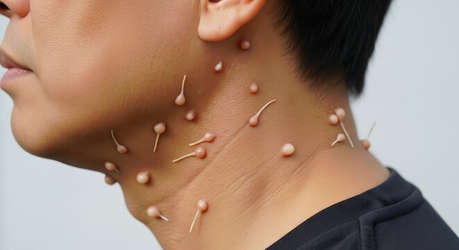Close Up Person with Multiple Skin Tags on Neck Against Plain Background