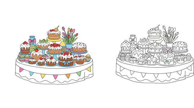 Easter Cake and Decorated Eggs on Festive Table with Coloring Page Version, Traditional Orthodox Paska and Kulich with Spring Tulips for Holiday Celebration, Vector Illustration