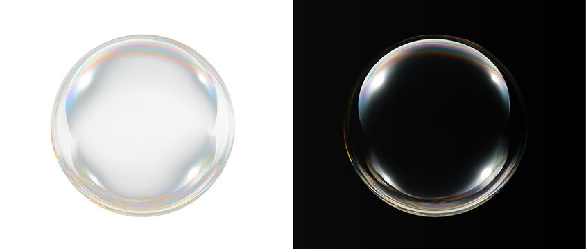 Realistic empty soap bubble or crystal orb with colorful iridescent gradient edge on dark and light backdrops