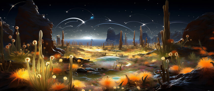 Alien desert landscape with glowing flora and shooting stars at night