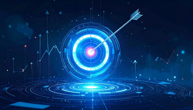 Blue digital target glows with precision. Arrow pierces center, signifying accuracy