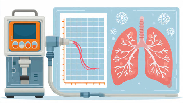 Medical device analyzing lung function with graph and colorful respiratory illustration