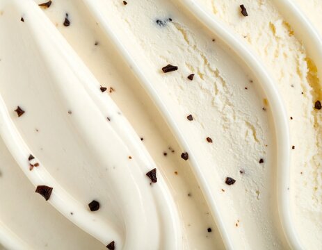 Close up of creamy vanilla bean ice cream background texture with chocolate chips, smooth frozen dessert waves