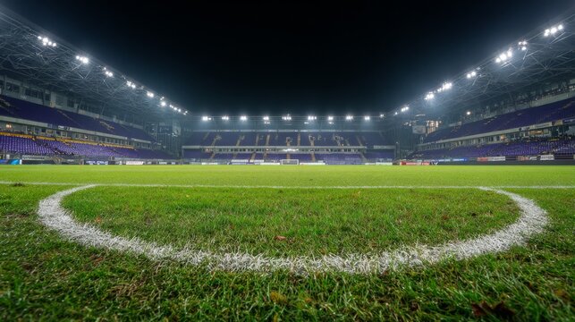 Soccer stadium football field grass pitch goal arena night lights sports venue with center circle marking illuminated turf and professional competition atmosphere