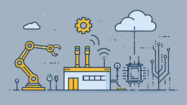 Industrial robotics factory with automation machinery, digital technology, and robotic arm