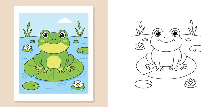 Kids coloring page with cute cartoon frog sitting on a lily pad in a pond, color reference illustration, educational activity sheet vector template