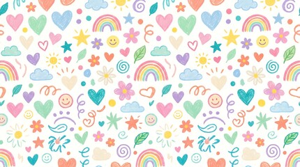 Obraz premium Bright and cheerful pattern combines rainbows, hearts, stars, and playful shapes in a lively design.