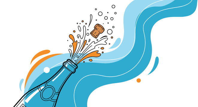 Champagne bottle exploding with a cork and bubbles against a dynamic background of swirling blue and orange waves.