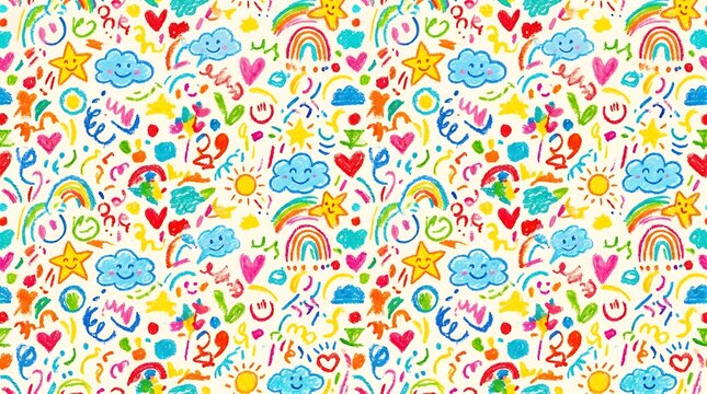 Colorful whimsical pattern features rainbows, clouds, hearts, and stars in a playful design.
