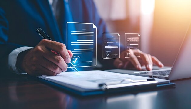 Hand writes contract with glowing digital documents floating nearby