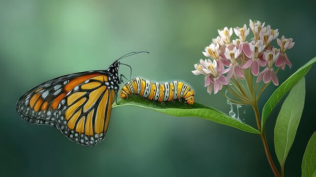 Colorful insect life stages coexist on foliage near flowering blossoms