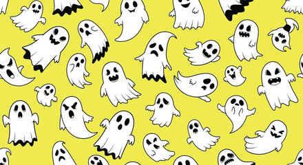 Obraz premium Cute and spooky seamless pattern of white cartoon ghosts with different expressions on a bright yellow background for halloween.