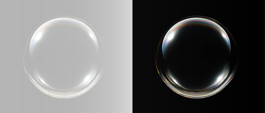 Realistic empty soap bubble or crystal orb with colorful iridescent gradient edge on dark and light backdrops