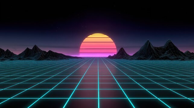Glowing neon grid plane stretches toward a striped setting sun between dark, angular mountain ranges