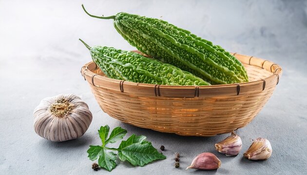 bitter melon harvest close up composition of two green gourds in bamboo basket with herbs spices and garlic bitter melon asian vegetables