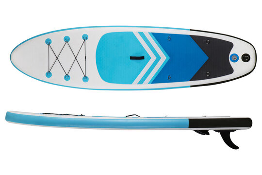Horizontal view of inflatable SUP board top and side view isolated on white background. Blue stand up paddleboard for summer banner.