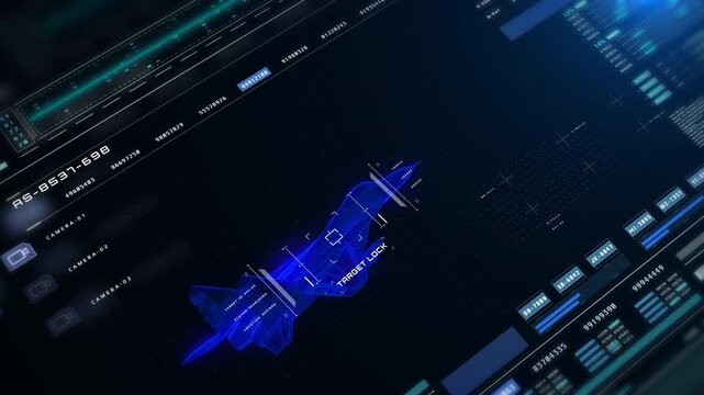 Futuristic Military Jet Wireframe on Tactical Heads-Up Display Interface with Real-Time Flight Metrics and Data Analytics Dashboard