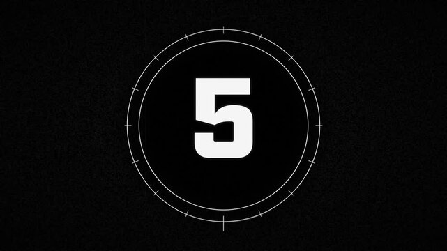 Monochrome film leader countdown from 10 to 1 with concentric rings rotating radial sweep sprocket dashes and vintage film grain on pure black background for luma key compositing in 4K