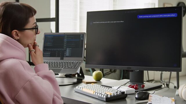 Medium side shot of young Caucasian female web developer writing prompt for AI vibe coding assistant, then watching finished script on computer screen, controlling request implementation