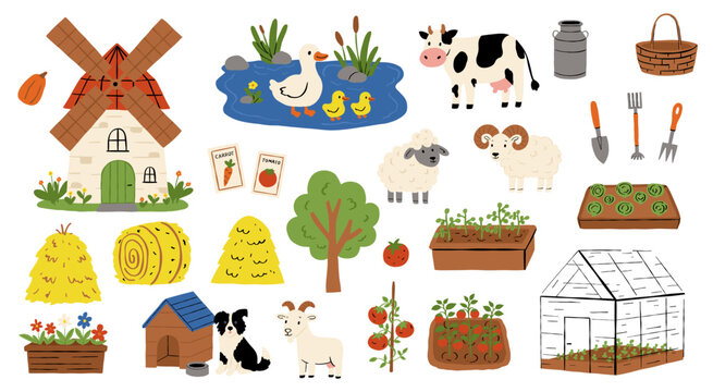 Set of agricultural, gardening and farming objects. Farm animals. Greenhouse, shovel, rake, vegetables, windmill and pruner, pond with ducks, beds with cabbage and tomatoes, haystacks