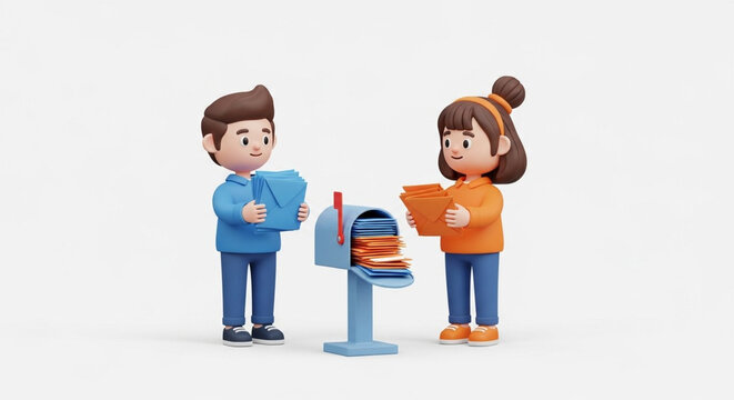 Two cartoon characters checking a colorful mailbox together.