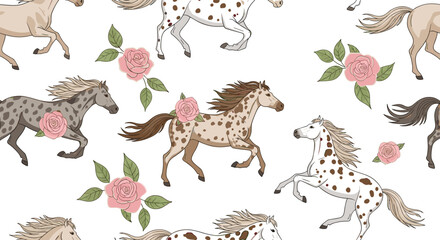 Naklejka premium Romantic seamless pattern featuring spotted and solid horses running among pink roses and green leaves on a white background.