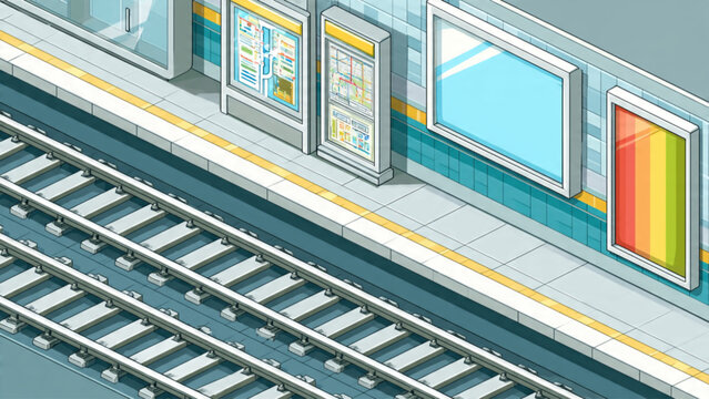 Modern subway station platform with colorful advertisements and parallel train tracks