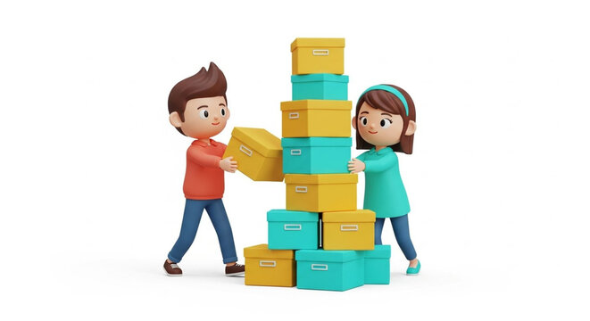 Two children building colorful blocks together happily indoors.