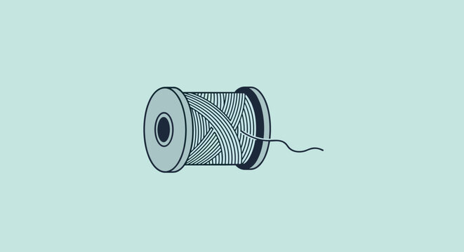 Illustration of a single spool of blue sewing thread used for textile manufacturing and domestic tailoring work.