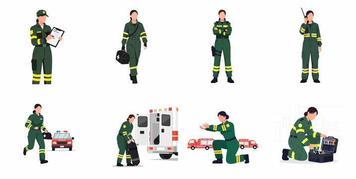 Set of female emergency rescue workers and paramedics in green professional uniforms with ambulance and medical equipment, vector illustration