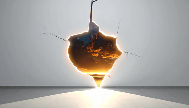 Hole in wall revealing landscape